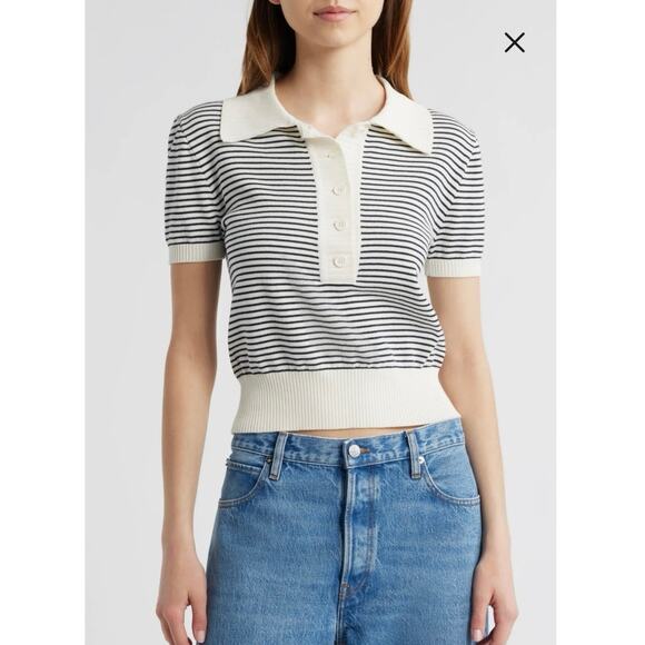 NWOT Women’s FRAME Denim The Graduate Stripe Polo Sweater in Navy Multi SZ XS - Picture 1 of 9